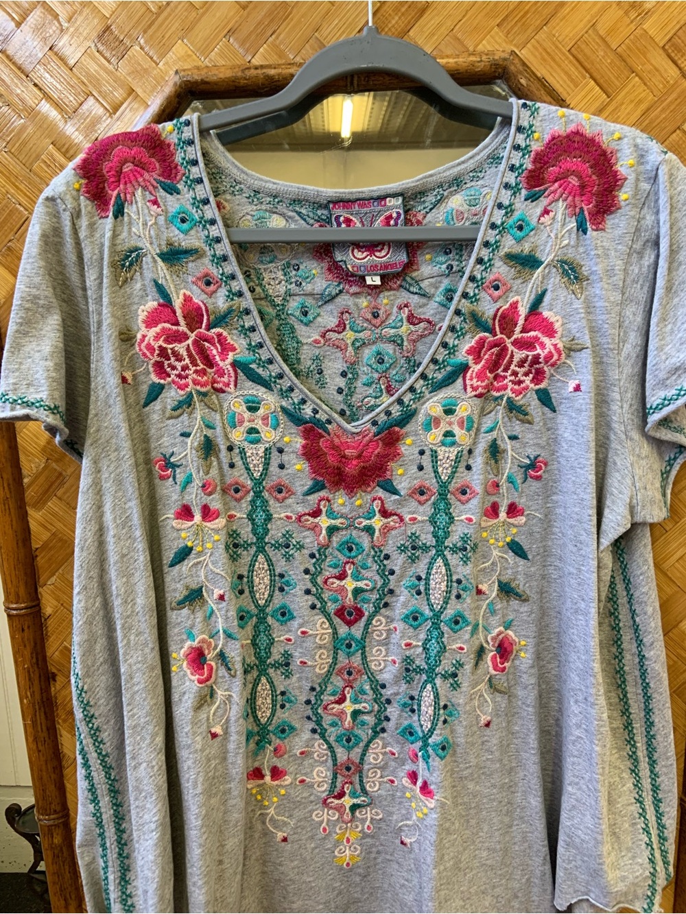Johnny Was Gray Embroidered V-Neck Tunic with Pink Floral Accents - Picture 3 of 8